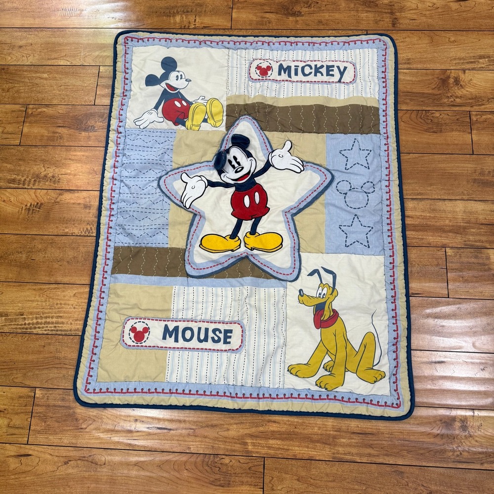 Disney Mickey Mouse Pluto Baby Crib Quilt Patchwork Reversible Blanket Blue Tan